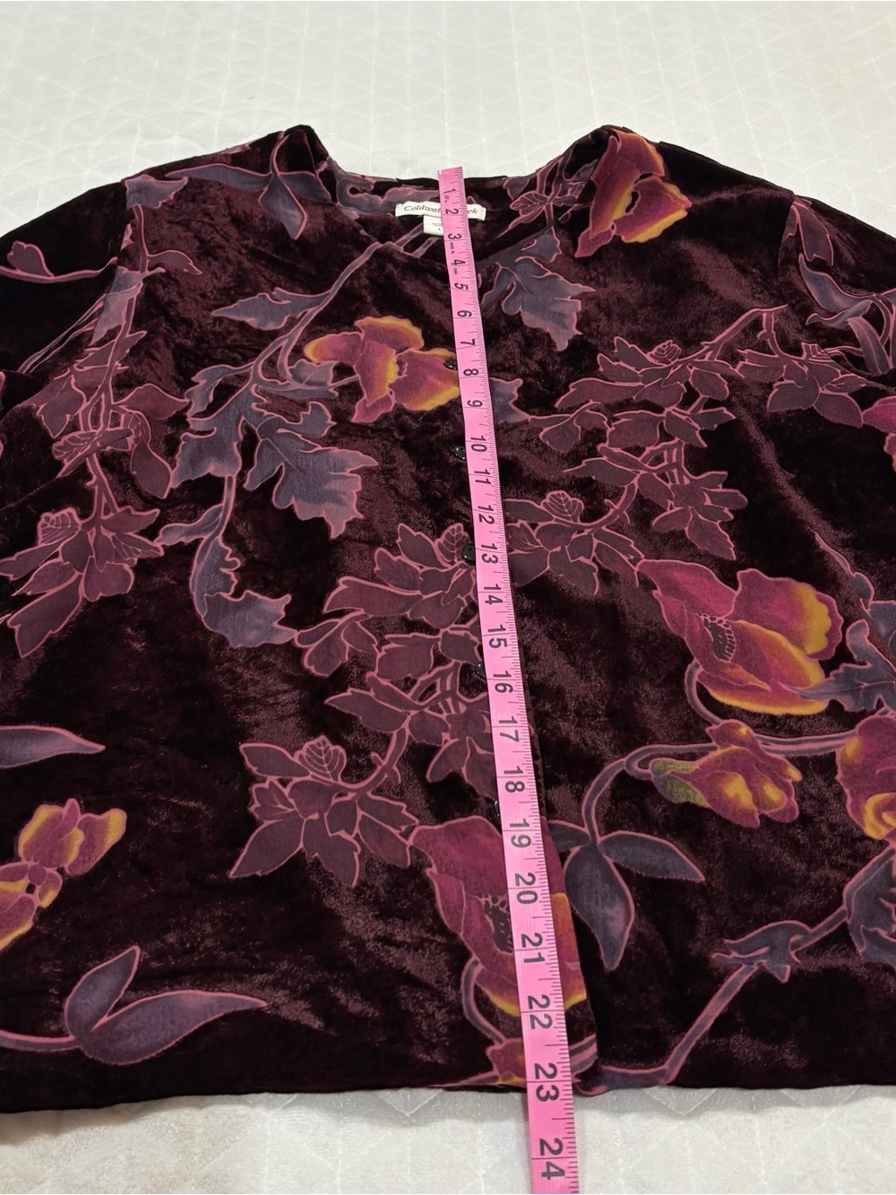 VTG Coldwater Creek Button Down Top Sz L Burgundy Pink Velvet Burnout Long Sleev - Picture 13 of 15